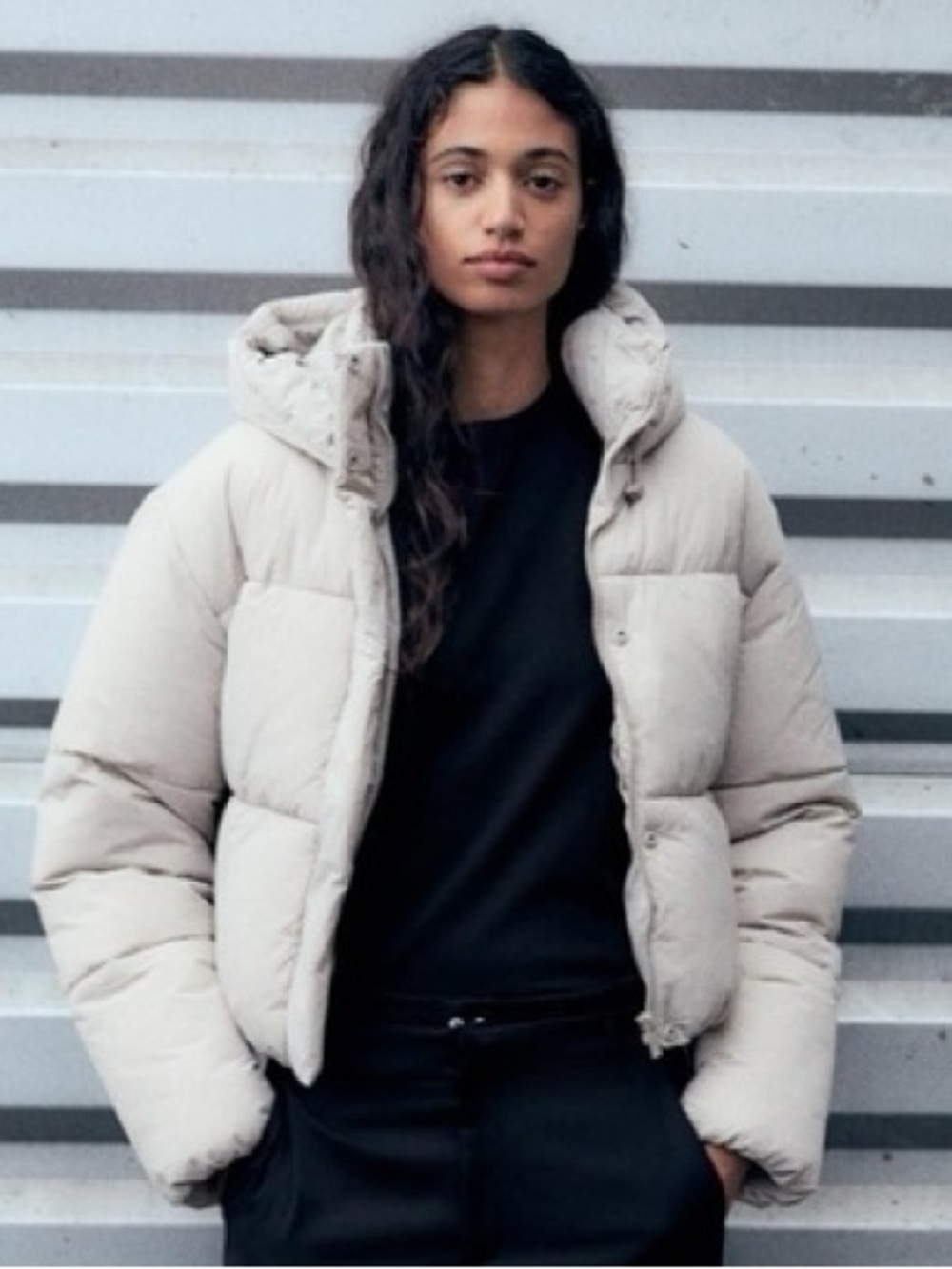 Zara Beige/Cream/ Ecru Hooded Puffer Jacket